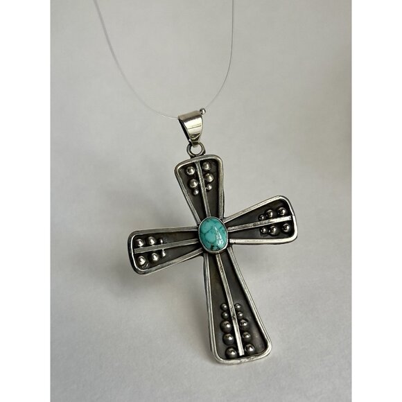 Artisan Jewelry - 925 Sterling Silver Oxidized & Turquoise Cross Pendant